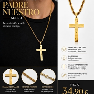 Collar cruz padre nuestro acero - Imagen 1
