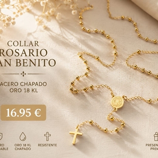 Rosario San Benito acero bañado en oro - Imagen 1